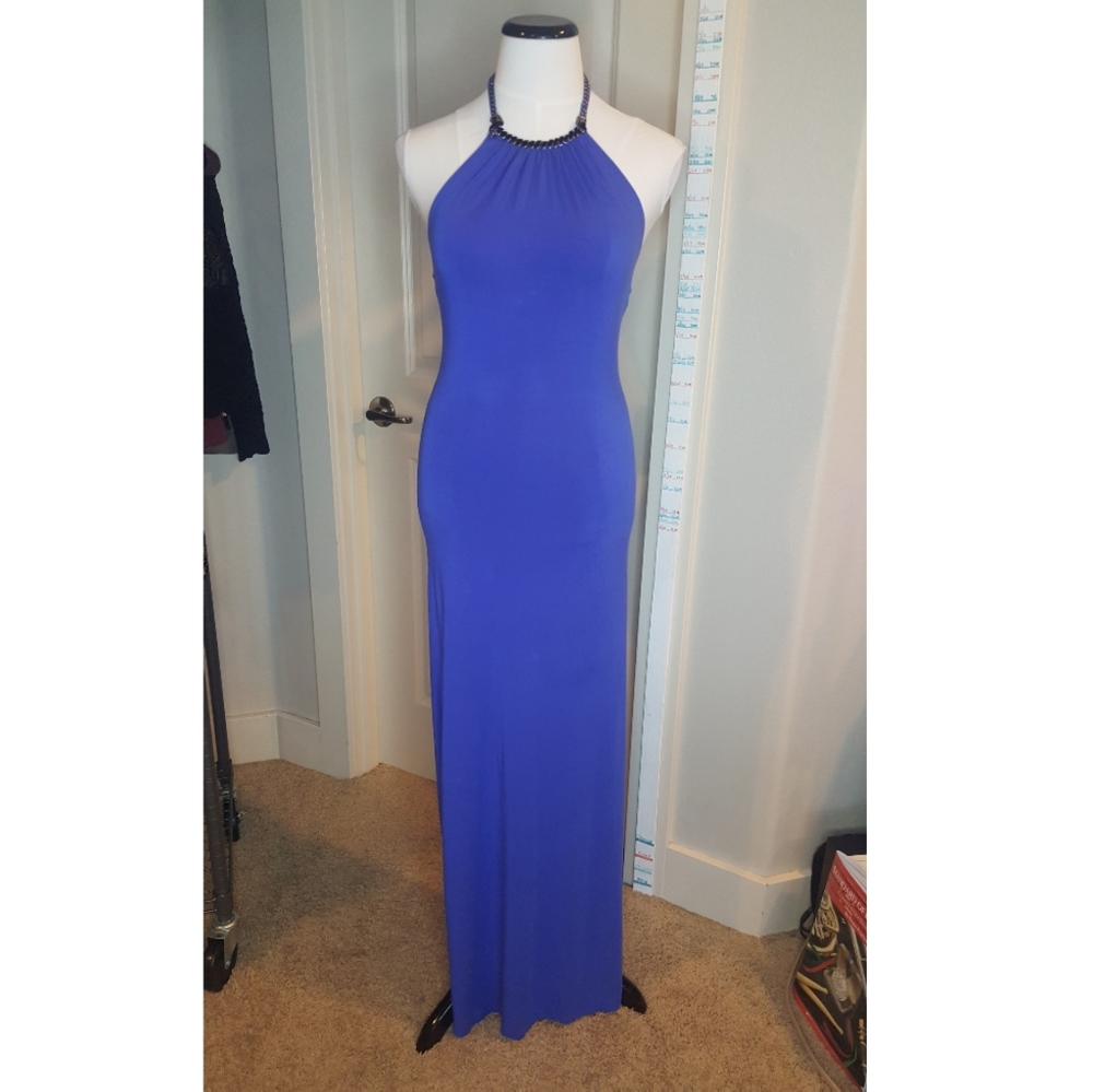 Bebe Blue Floor Length Halter Dress